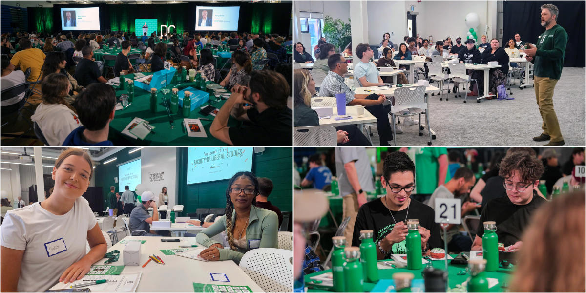 A collage of images from Academic Welcome, including students posing at their tables and a speaker speaking to a large group of students.