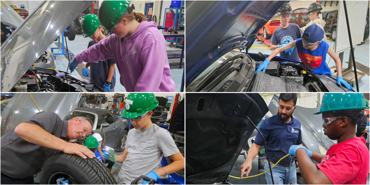 A collage of students in Grade 7 to 9 working in DC's auto shop including looking under the hood of a car and checking air pressure on tires.