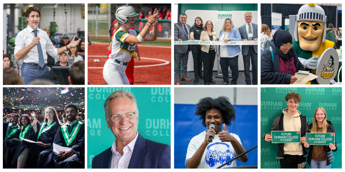 A collage of photos from DC in 2023, including Justin Trudeau speaking to students, DC president Don Lovisa, graduates at Convocation and more.