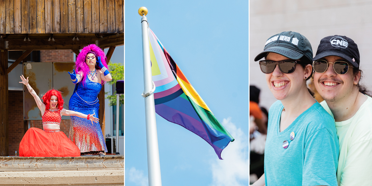 Revellers, drag queens and a pride flag at DC's Pride Month celebration.