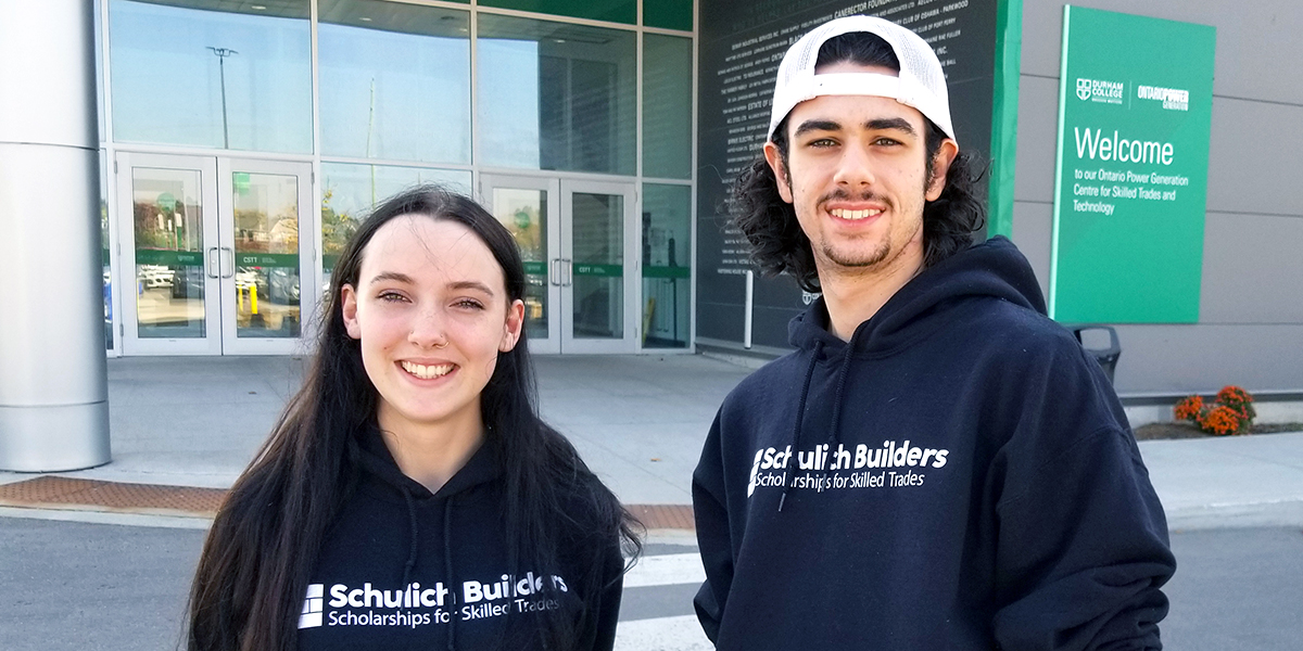 Fara Shea and Noah DeCicco are among 10 Durham College students to receive Schulich Builders scholarships in 2023. They are pictured at DC's Whitby campus.