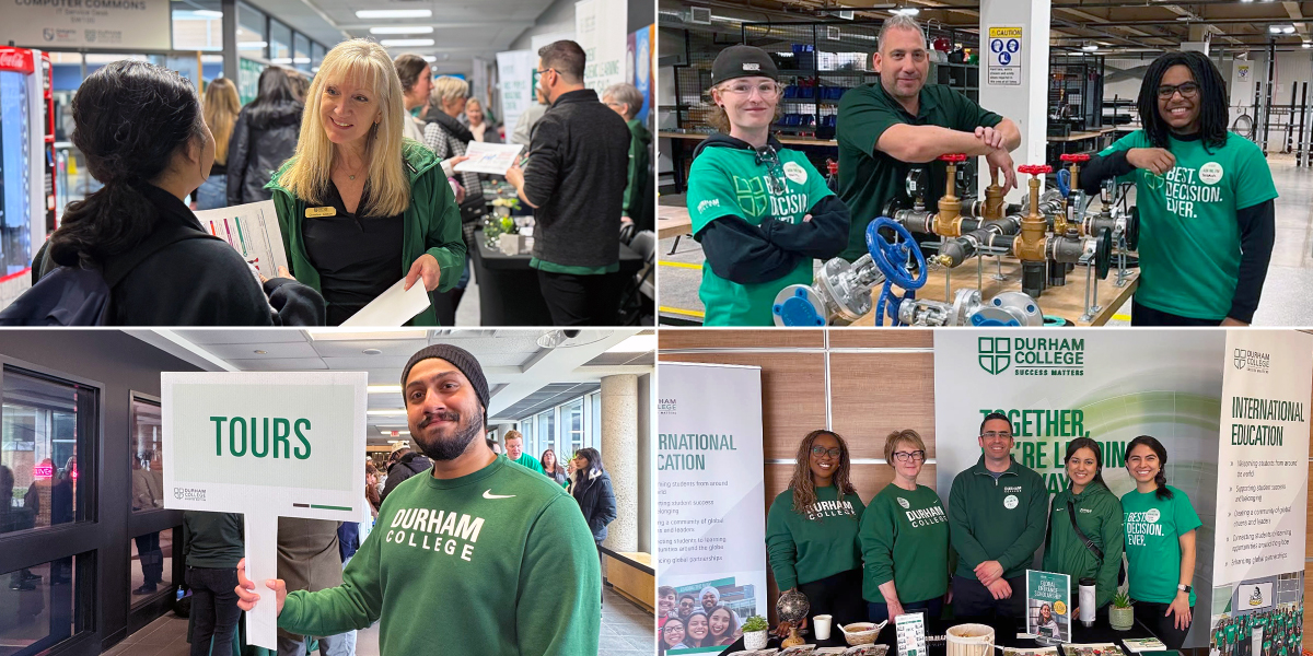 A montage of Durham College students and employees greeting visitors at Open House.