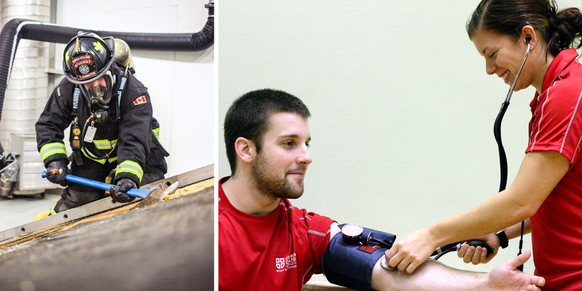 1/3 photo is Firefighter in gear using tool to open door, 2/3 a student in a red shirt getting their blood pressure checked by a nurse in a red shirt