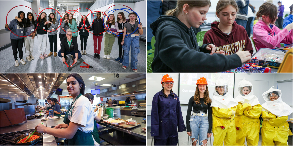 A collage of photos of young women attending the Young Women in Science, Technology and Trades conference in 2024.
